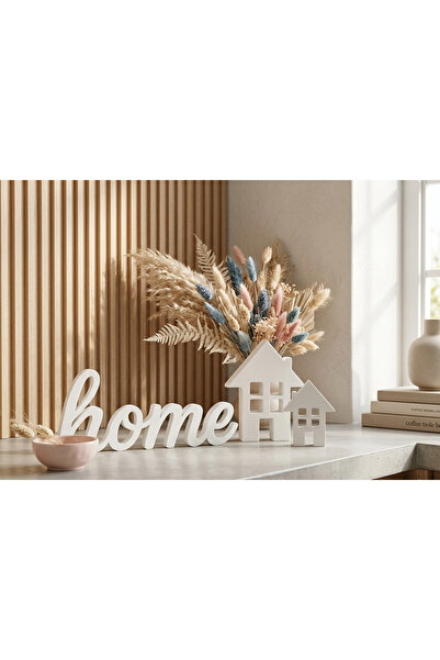 LİYA COLLECTİON Modern Dekoratif "Home" Yazısı ve 2'li Ev Biblo Seti - Minima...