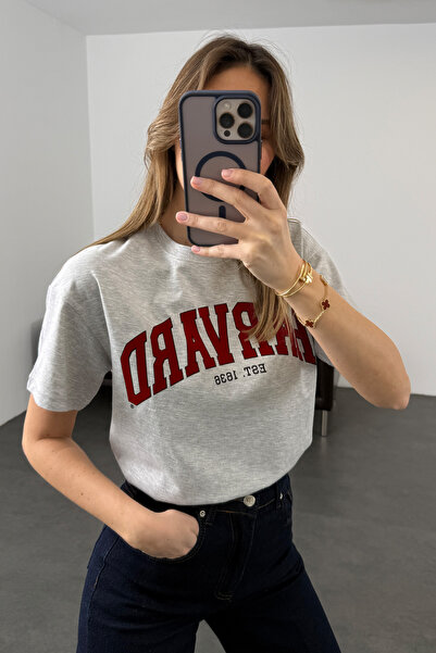 5in1Canpolat Γκρι μπλουζάκι Harvard με τύπωμα