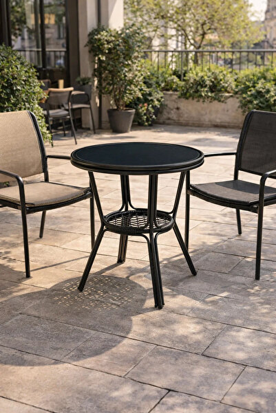 MARIA HOMES طاولة مقهى سوداء عصرية بسطح زجاجي – طاولة قهوة دائرية مدمج