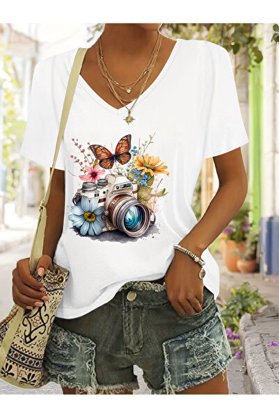 mercoledi Women's Floral Printed V-Neck Sleeved Regular Fit T-Shirt