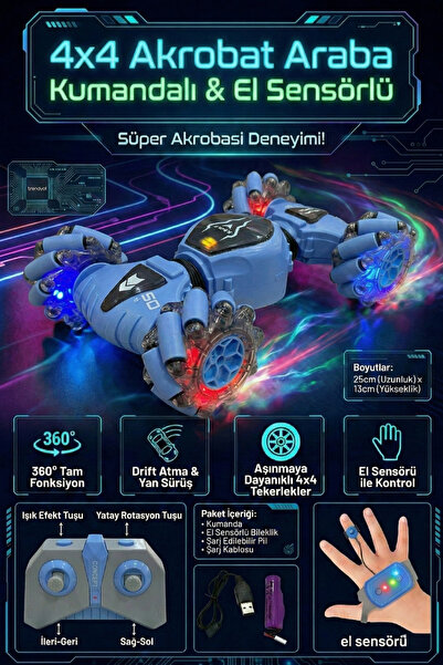 craftivio Şarjlı Uzaktan Kumandalı ve El Sensörlü 4x4 Akrobat Araba 360 Derec...