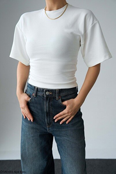 ibeeka Bat Sleeve Ecru Color T-Shirt Bel Zip Detail - Design Product - Ecru - m