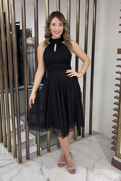 By Saygı Women's Halter Neck Tie-Detail Lined Chiffon Tulle Short Dress