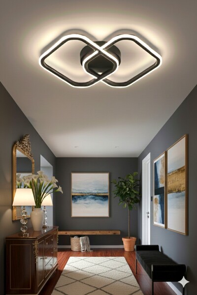 Ece Aydınlatma Helen Siyah Kare Kasa,Beyaz Işıklı Plafonyer Modern Led Avize