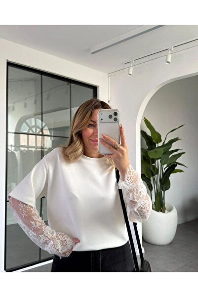 Look Kadıköy Kadın Uzun Kollu Dantel Detaylı Bluz Transparan Kol Şık Basic Üst