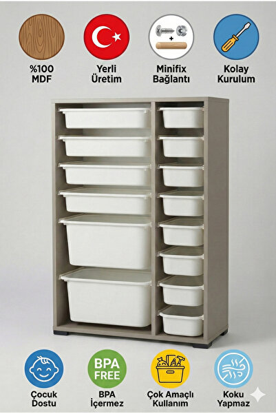 yabilmo %100 MDF Gövde Kolay Minifix Bağlantı 14 Çekmece Çok Amaçlı Oyuncak D...