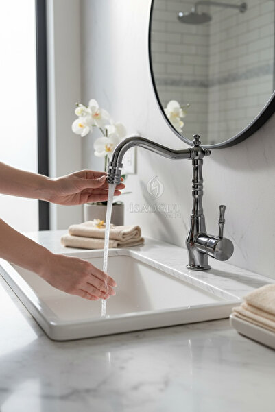 İSAOĞLU YAPI Anthracite Washbasin Faucet High Model with Movable Head Retro D...