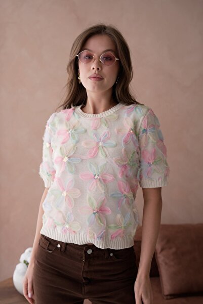 Noi Belis Flower Lace Detailed Knitwear Blouse Ss26Bz0040