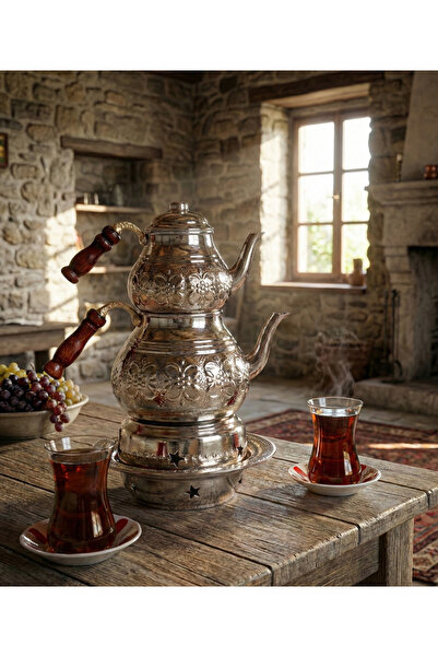 FeyzaDesign Bakır Çaydanlık Takımı Reşo'lu İşlemeli Nikel Kaplamalı