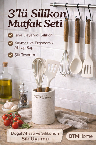 btm home Silicone Kitchen Utensil Set 3-Piece Wooden Strappy Spatula Scoop Wh...