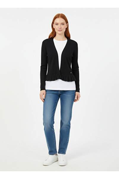 Neden Tekstil Black V-Neck Peplum Cardigan with Ruffled Hem