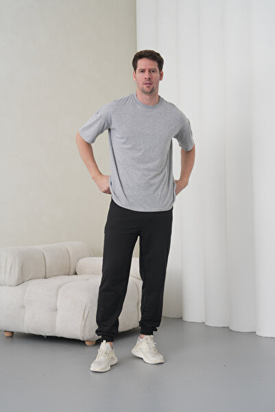 caddekombin Men's Grey-Black Cotton Pack Crew Neck T-Shirt Pocketed Jogger Pa...