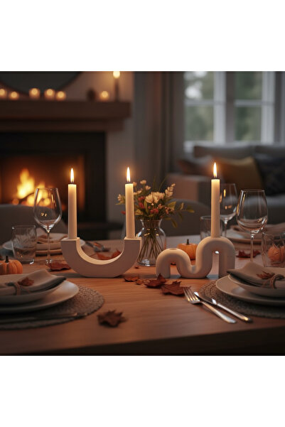 mutoz İskandinav Tasarım Beyaz Mumluk Seti - Dalga ve U Formlu Minimalist Dek...