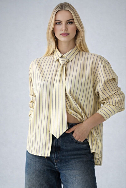 LOOSH Kadın Sarı Kravat Aksesuar Detaylı Pamuklu Gömlek