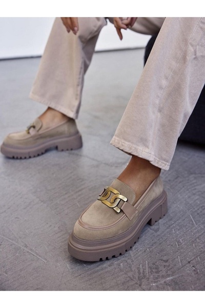 Defne Trend Store Kadın Bej Kalın Taban Zincir Toka Detaylı Süet Loafer Casua...