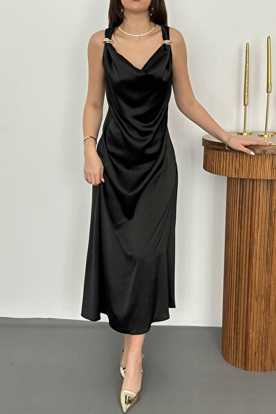 Caddebostan Moda Satin Degaje Collar Shoulders Accessory Detail Midi Length E...