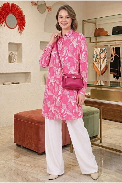 Polologin Butik Fuchsia White Modern Cut Palmiye Patterned Viscose Tunic