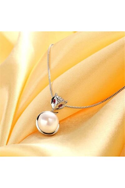 Generic Zircon Fox Necklace in Sterling Silver and Natural Pearl