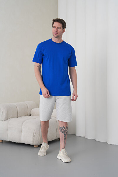 caddekombin Men's Cobalt Blue Gray Cotton Piece Combed Cotton Short Sleeve Po...