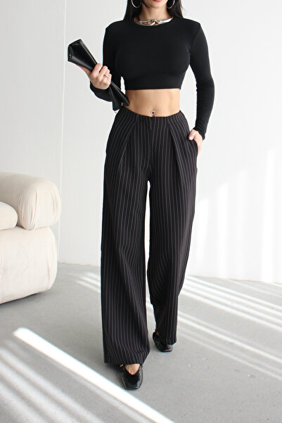 Narin Studios Μαύρο ριγέ παντελόνι παλάτσο
