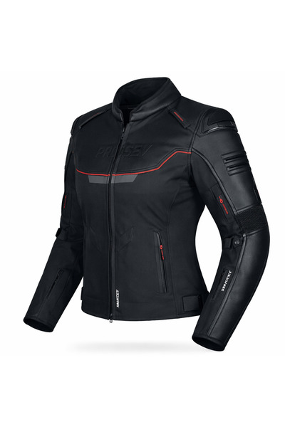 Prosev Falcon Kadın 4 Mevsim Siyah Deri Motosiklet Mont CE Korumalı Motorcu M...