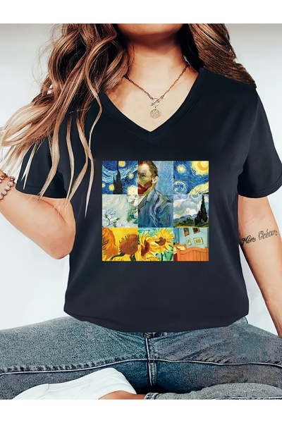 mercoledi Women's Starry Night Printed V-Neck Sleeved Regular Fit T-Shirt