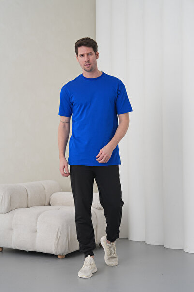 caddekombin قميص رجالي أزرق بلون الكوبالت أزرق-أسود قطن بياقة دائرية بجيوب بن...