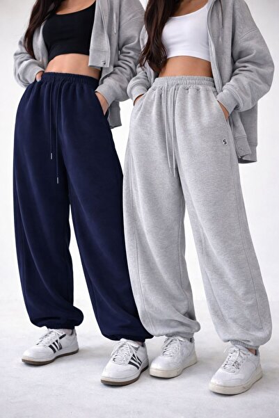 Le Vion Women's Dark Blue-Grey High Waist Elastic Cuff Basic Jo Jogger Pants ...