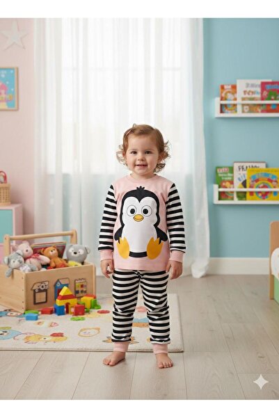 Yağmur Giyim Supermini Penguin Patterned Cotton Piece Girls' Pajama Set 1-3 Y...