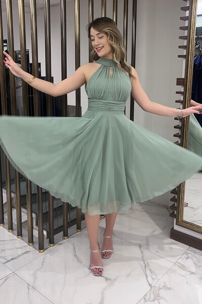 By Saygı Women's Halter Neck Tie-Detail Lined Chiffon Tulle Short Dress