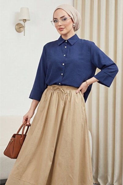 COjans V-Neck Buttoned Half Sleeve Modal Shirt - Navy