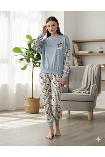 İpek Women's Long Sleeve Cuff Detailed Patterned Thermal Pajama Set