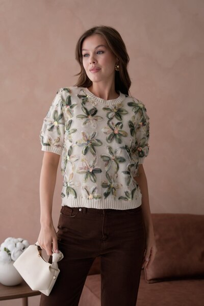 Noi Belis Flower Lace Detailed Knitwear Blouse Ss26Bz0040