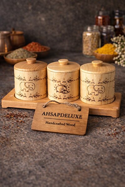 Ahşapdeluxe -3'lü Ahşap Standlı Kapaklı Baharatlık Seti-Desenli