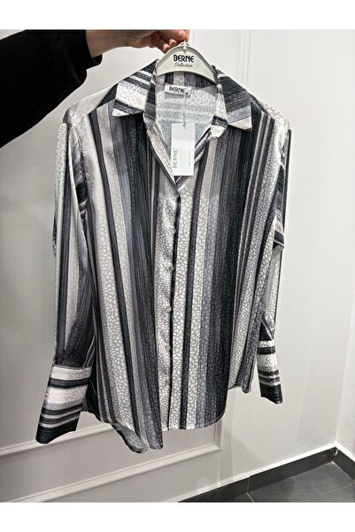 BERNE Siyah Desenli Saten Gömlek