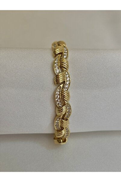 FEİLİF ATELİER Kadın Gold Zirkon Taşlı Örgü Detaylı Kararmaz Çelik Premium Bi...