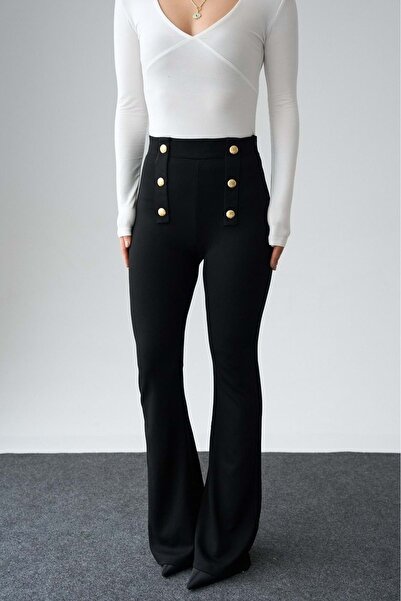 ibeeka Waist Gold Button Detailed Interlock Flared Trousers - Black - m