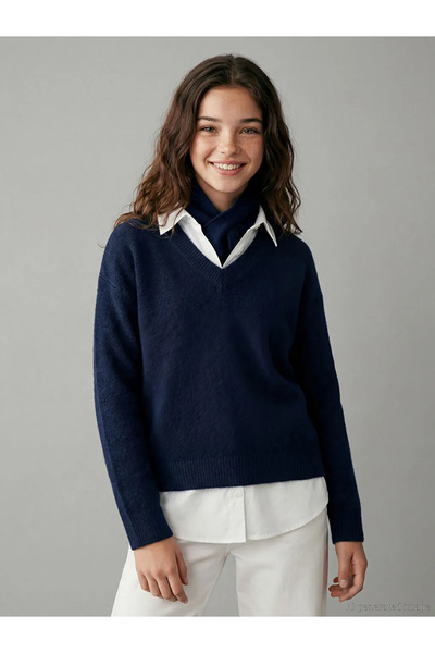 LC Waikiki Lcw Kids Navy Blue Shirt Collar Girls' Knitwear Sweater