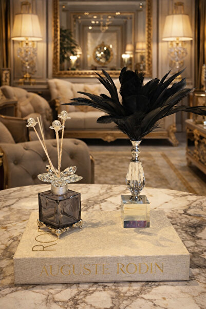 BELİZ HOME Lüks Kristal Cam Oda Kokusu Şişesi ve Siyah Tüylü Dekoratif Obje S...