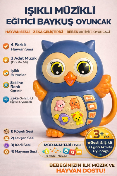YILDIRIM OYUNCAK Eğitici Işıklı Sesli Baykuş Oyuncak Piano | 4 Hayvan Sesli 3...