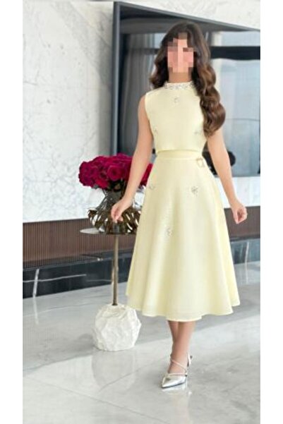zelia Light Yellow Women's Dress with Elegant Crystal Details