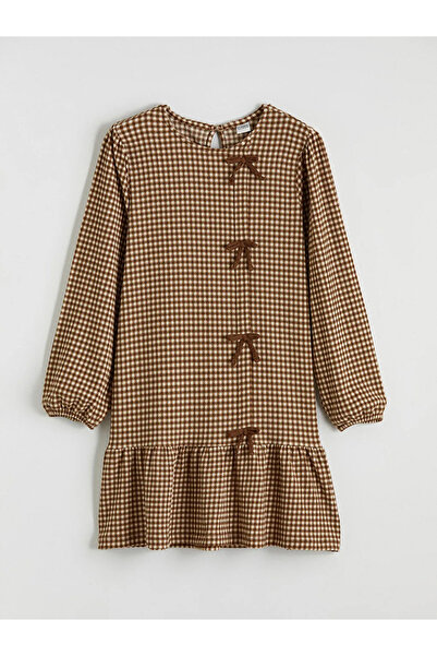 LC Waikiki Lcw Kids Ecru Bow Detail Plaid Girl's Dress