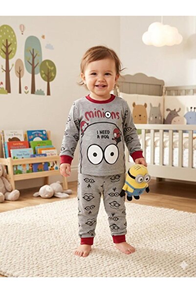 Yağmur Giyim طقم بيجامة سوبر ميني مينيونز منقوش للفتيات من عمر 1-3 سنوات 1030