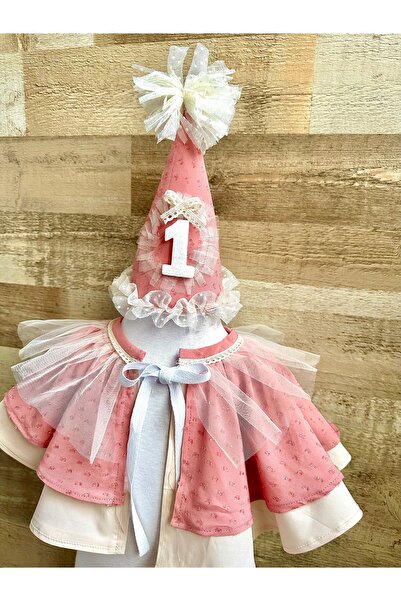 Feriatolye Kız bebek 1 yaş doğum günü şapkası ve pelerin takımı