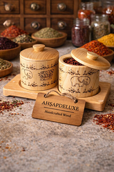 Ahşapdeluxe -2'li Ahşap Standlı Kapaklı Baharatlık Seti-Desenli