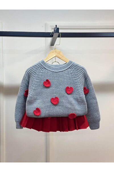 ArdenKids 2-8 Yaş Gri Love & Kırmızı Kolej Etek