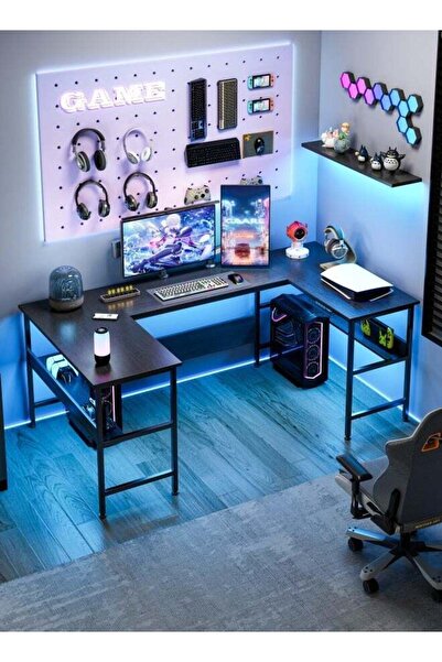 ADEBOLA Gaming Table with Bookshelf Layer, U Shaped Computer Desk