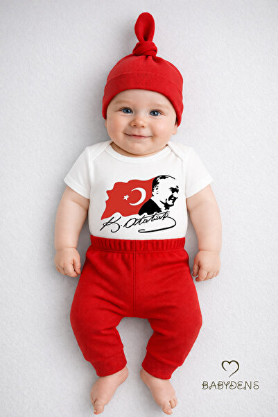 BABYDEN'S Atatürk Printed Short Sleeve 3-Piece Baby Set 100% Cotton Body Pant...