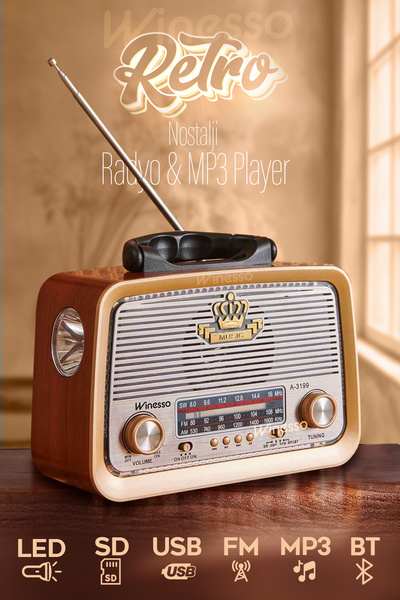 FeyzaDesign Retro Ahşap Desenli Bluetooth Radyo, SD Kart, LED Fener, USB, FM/...