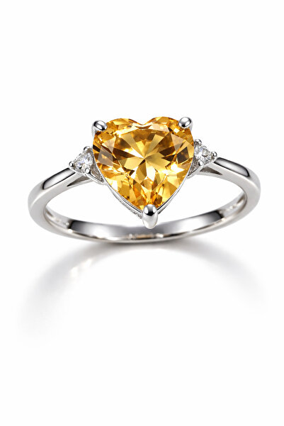 İyyaKee Kadın Gümüş Yüzük Sarı Sitrin Taşlı Kalp Motifli Şık Zarif Ayarlanabi...